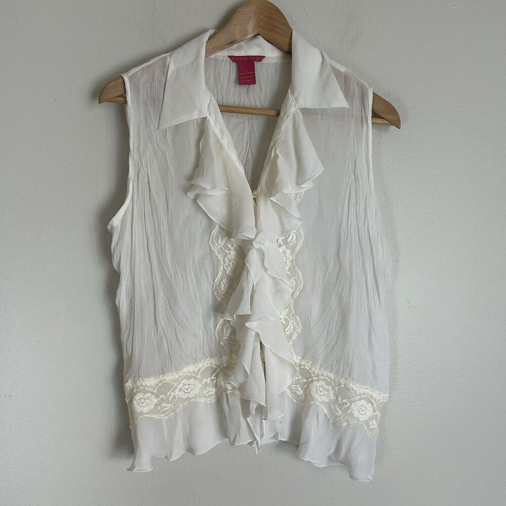 Y2K Vintage White Top Lace Dainty Ruffle Front Neck Sleeveless Ivory Poet Collar